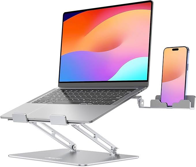Adjustale Laptop Stand for Desk with Phone Holder, Aluminum Universal Computer Stand for Laptop, Ergonomic Computer Stands Compatible with MacBook Air, Pro, All 11-16'' Notebooks Laptops, Silver