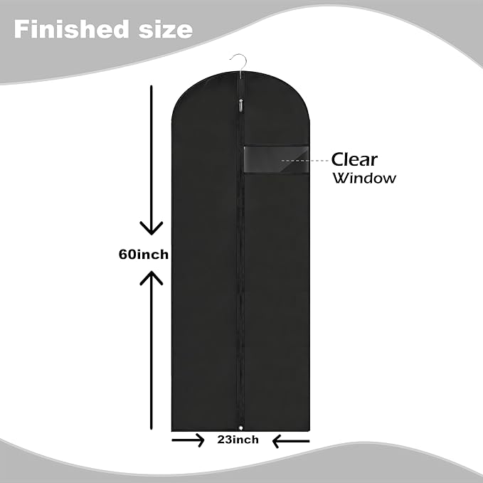 Dress Bags for Gowns Long, 60'' Garment Bags for Hanging Clothes, Suit Bag Cover for Storage and Travel (Black)