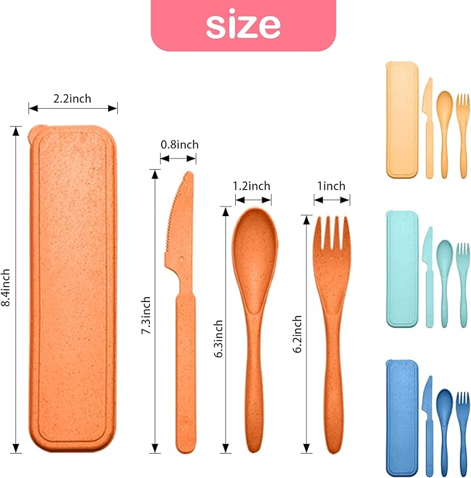 Reusable Travel Utensils Set with Case, 4 Sets Wheat Straw Portable Knife Fork Spoons Cutlery, Eco-Friendly BPA Free Plastic Tableware for Kids Adults Travel Picnic Camping Utensils