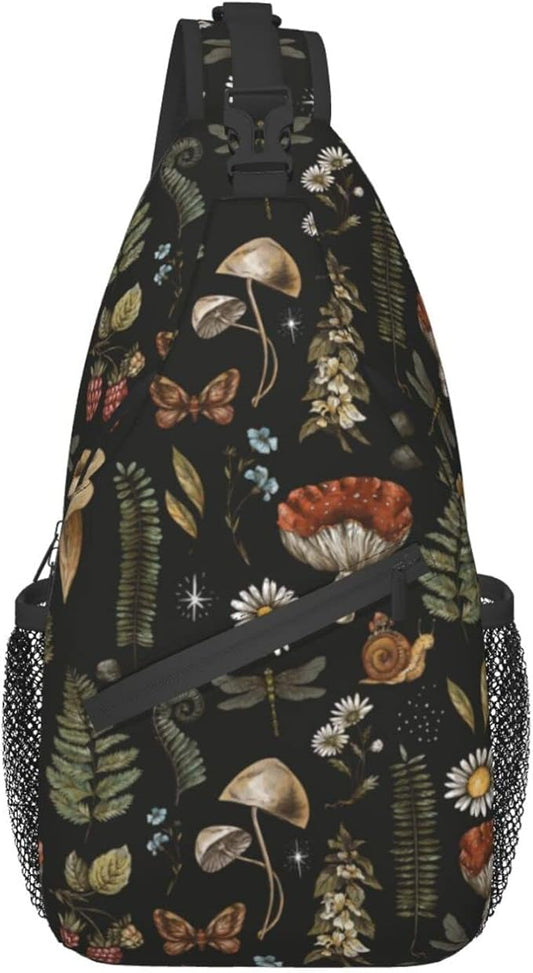 SUPLUCHOM Sling Bag Vintage Mushroom Leaf Forest Hiking Daypack Crossbody Shoulder Backpack Travel Chest Pack for Men Women Over 12 Years Old