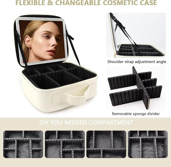 Travel Makeup Bag with LED Lighted Mirror, Travel Makeup Organizer,3 Color Setting Cosmetic Makeup Box, Adjustable Dividers and Brush Holder（white）
