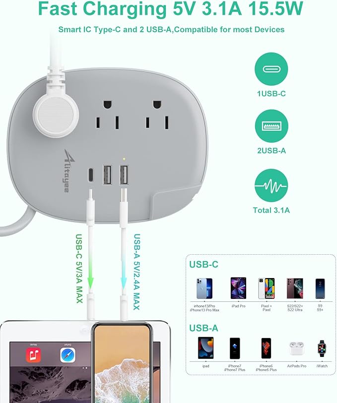 Alitayee USB C Portable Travel Power Strip with 3 Outlets 3 USB Ports Fast Charge, USB Extendable Outlet Extender with Flat Plug and 3ft Wrapped Around Extension Cord for Cruise Travel Home Office