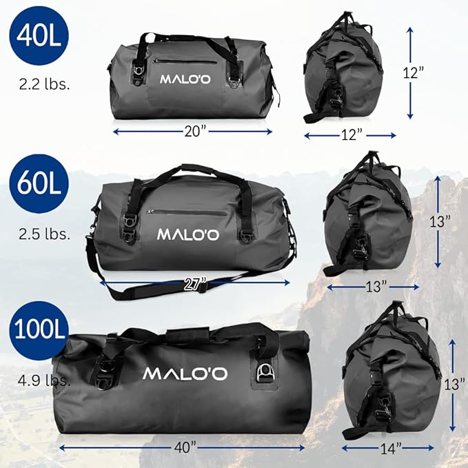 Malo'o Waterproof Dry Bag Duffel 40L/60L/100L, Roll Top Duffel Keeps Gear Dry for Kayaking, Rafting, Boating, Swimming, Camping, Hiking, Beach, Fishing - Internal & External Pockets and Molle Loops