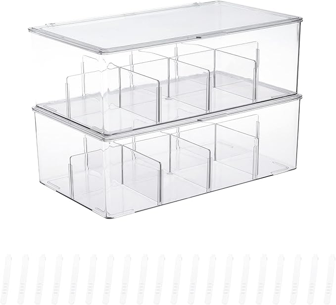 Yesesion Clear Plastic Storage Bins with Lid, Large Cable Organizer Box with Lid and 20 Wire Ties, Adjustable Electronic Cord Management Case for Desk Drawer, Home Office, Art Crafts Supply (2 PACK)
