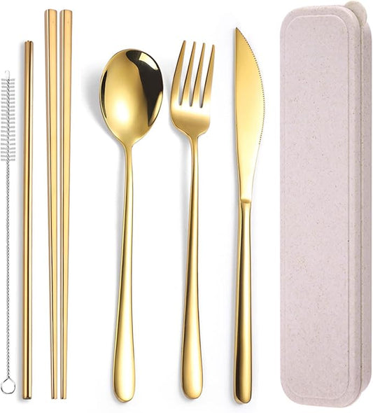 AARAINBOW 6 Pieces 18/8 Stainless Steel Flatware Set Portable Reusable Cutlery Set Travel Utensils Set Including Chopsticks Knife Fork Spoon Straws Cleaning Brush Dishwasher Safe (Golden)