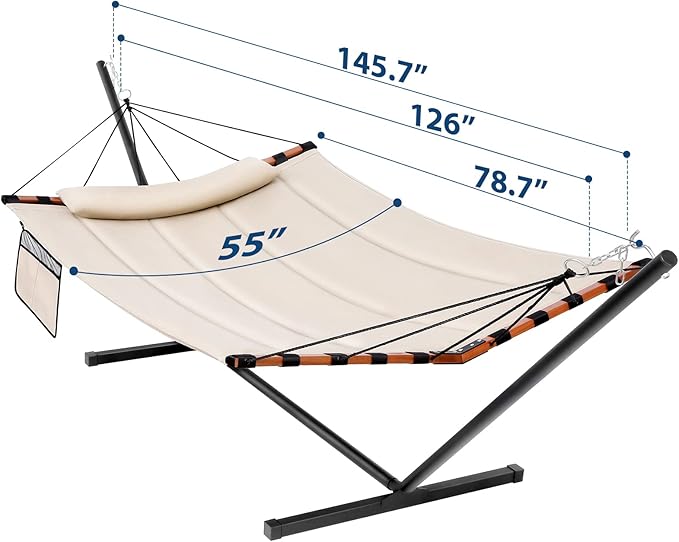TegerDeger 12FT 2 Person Hammock with Stand Included 55 x 79IN Large Hammock 450LB Capacity with Hardwood Spreader Bar & Nylon Rope for Outside, Patio, Garden, Backyard, Beach, Poolside - Beige