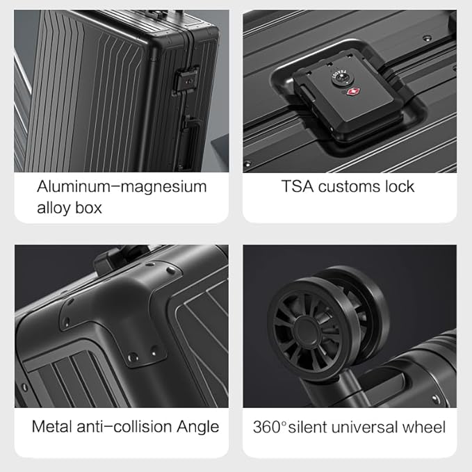 Metal all aluminum carry-on suitcase 20 "hard face, TSA lock and rotating wheel zippered luggage set (blue, 24 '')
