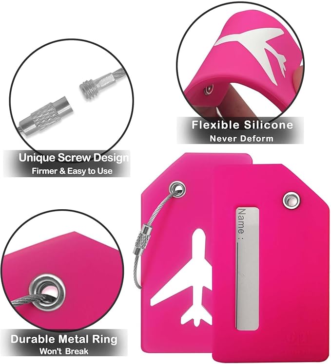 8pack Luggage Tags for Suitcases with Name ID Card,Quickly Identify Travel Tags for Luggage, Backpacks, Bags, Baggage, Cruise Suitcases - Flexible & Bright Silicone (Neo Pink