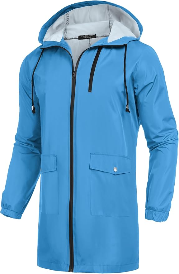 COOFANDY Men's Long Raincoat Ligtweight Rain Jacket Waterproof Outdoor Jackets with Hood