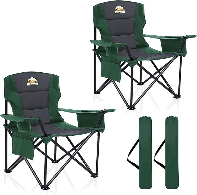 Oversized Camping Chairs 2 Pack - 450lbs Support Heavy Duty Folding Camp Chair Wide Portable Outside Collapsible Chairs with Carry Bag,Cooler,Cup Holder for Outdoor,Lawn,Sports,Baseball,Soccer-Green