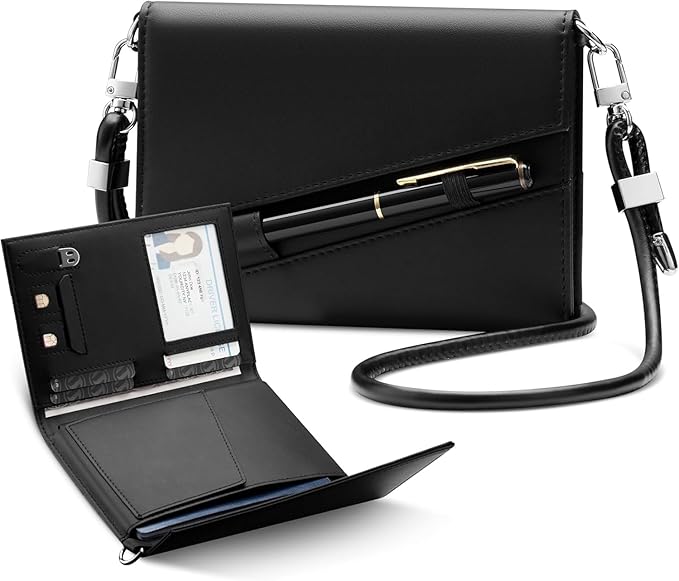 Real Leather Wallet RFID Blocking Passport Holder with Travel Lanyard Document Organizer Brown (Black)