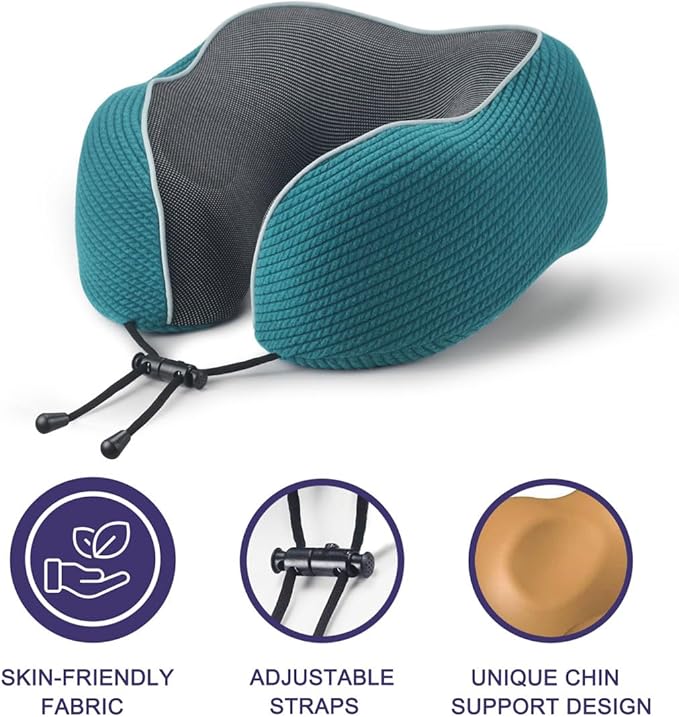 napfun Neck Pillow for Traveling, Upgraded Travel Neck Pillow for Airplane 100% Pure Memory Foam Travel Pillow for Flight Headrest Sleep, Portable Plane Accessories, Teal Set, Medium (120-200LB)