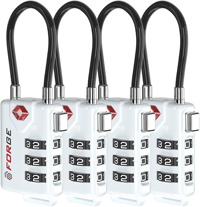 TSA Approved Cable Luggage Locks, Re-settable Combination with Alloy Body (White 4 Locks)