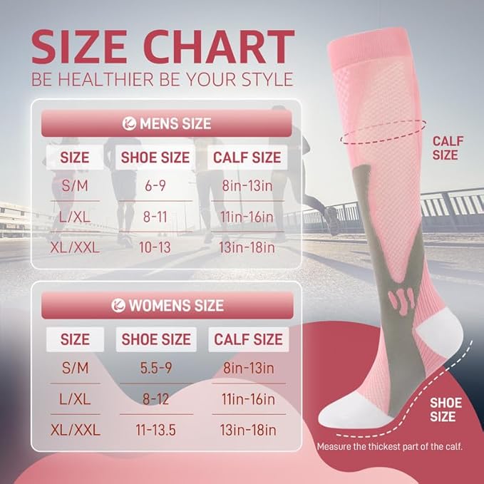 Kickticks 4 Pairs Compression Socks for Woman & Man Unisex 20-30mmHg Knee high Plus Size Wide Calves for Flying Running…