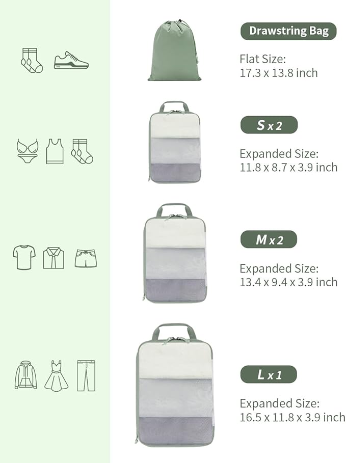 ECOHUB 6 Set Compression Packing Cubes, Lightweight Vacation Travel Essentials, Durable Travel Accessories for Suitcase Carry On Luggage Organizer Bags Set with YKK Zippers Shoe Bag, Green