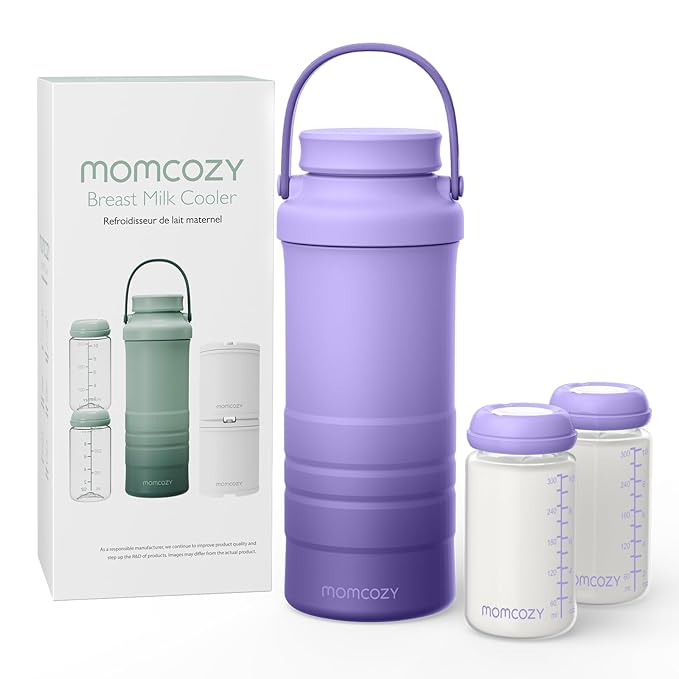 Momcozy 22oz Portable Breast Milk Cooler for Outdoor, Life Saver with 360° Total Cooling for 24 Hours, Larger Capacity Travel Breastmilk Chiller with 2pcs Baby Bottles for Breastmilk Storage, Purple