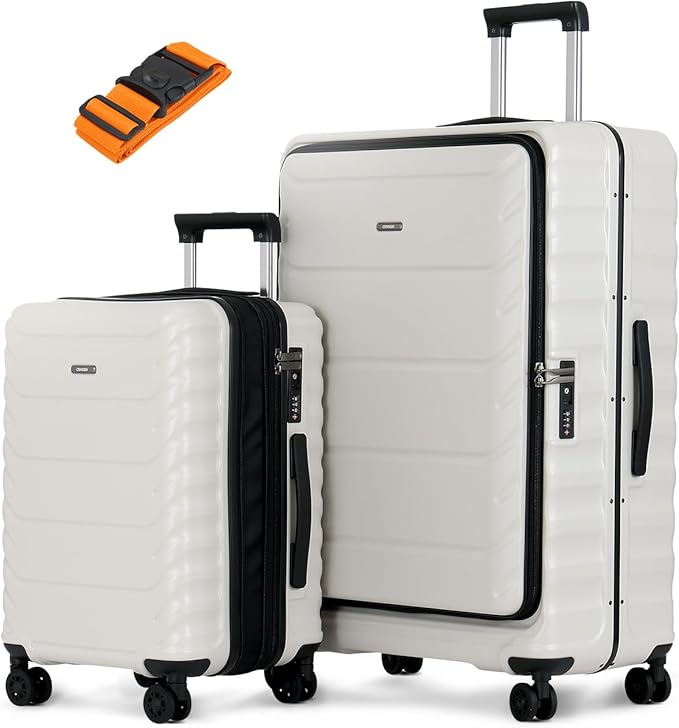 Luggage Sets 2 Pieces, 20/28 Inch PC Hardshell Suitcase with Spinner Wheels, 20 Inch Expandable Clamshell Carry On Luggage and 28 Inch Aluminum Frame Top Opening Checked Luggage (White)