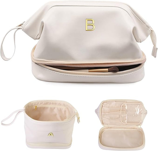 Monogrammed Gift for Women Girls, Initial Makeup Bag, Personalized Double Layer Cosmetic Bag with Makeup Brush Organizer, Large Capacity PU Leather Travel Toiletry Bag, Sister Gifts