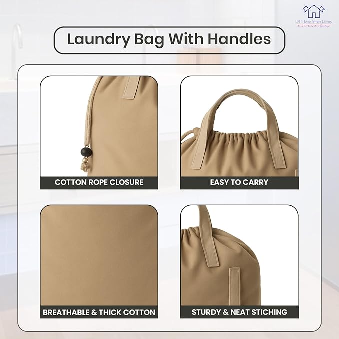 LFH Home Cotton Canvas Large Laundry Bag with Handle, Heavy Duty Drawstring Closure Washable Laundry Bags, School Travel, Home, Hotel, College Dorm, Organizer Sack, Toys Clothes 24x36-Beige