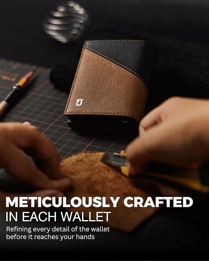 Jenoss Smart Wallet For Men: Full Grain Leather, Handcrafted, Slide Metal Pop Up Case, Slim RFID Blocking Credit Card Holder, Compact 12 Cards Slot Organizers, ID, Money Clip(Brown & Black)