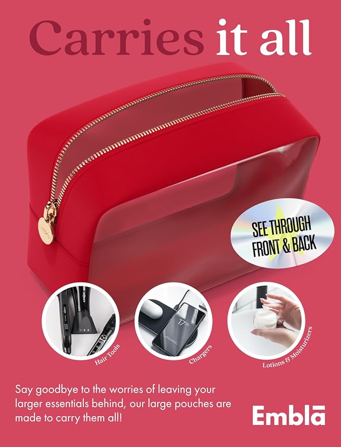 Clear Makeup Bag Zipper Pouch, Transparent Cosmetic Case Organizer, TSA Approved Travel Toiletry Case, Travel Accessories Essentials Makeup Tote for Women, Large Cute Make up Bag for Purse - Ruby