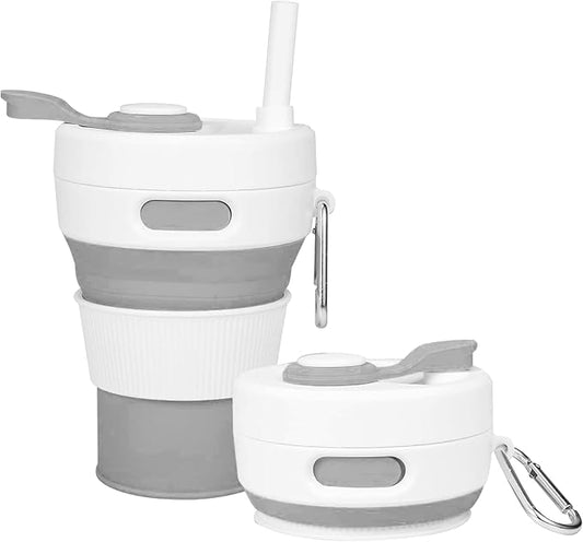 Silicone Collapsible Travel Mug Gray 15oz / 450ml - Leak-Proof Reusable Silicone Water Bottle for Hot and Cold Beverages - Travel Office and Home - Dishwasher Safe - Straw Included