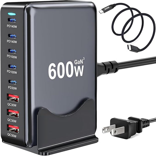 600W USB C Fast Charger Block, 8 Port USB Charging Station, GaN Ⅲ Pro Double 140W Port Charging Station for Multiple Devices,Laptop Wall Charger Compatible with DELL, MacBook,iPhone 17,Galaxy S24