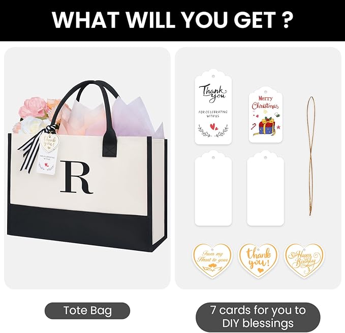 BAGAIL Initial Tote Bag, Personalized Birthday Gifts for Women, Teacher, Friends, Mom, Wedding, Monogrammed Beach Bag