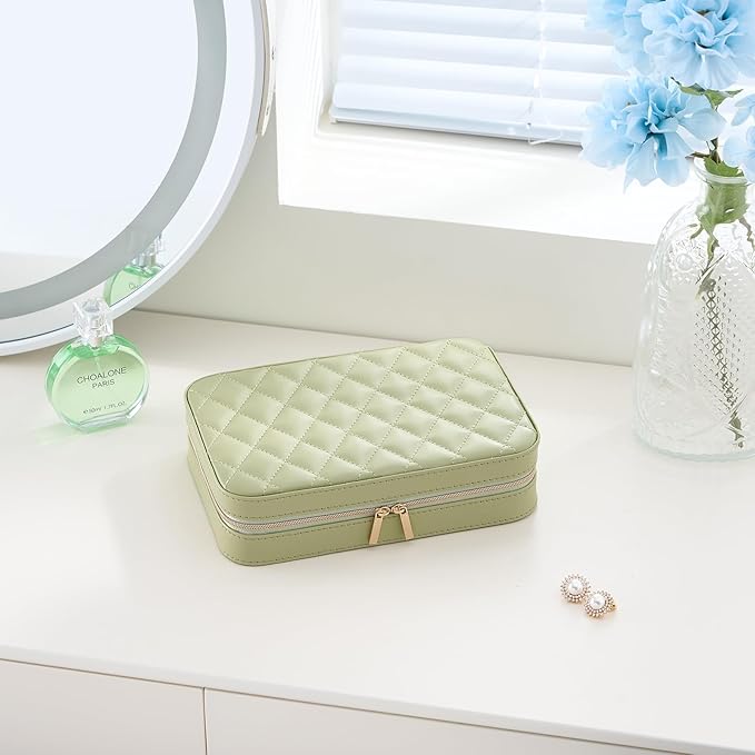Lolalet Travel Jewelry Case for Women, Travel Jewelry Organizer Box with Mirror & Clear Storage Bag, Small Portable Traveling Earring Necklace Bracelet Ring Case, Bridesmaid Gifts -Medium, Green
