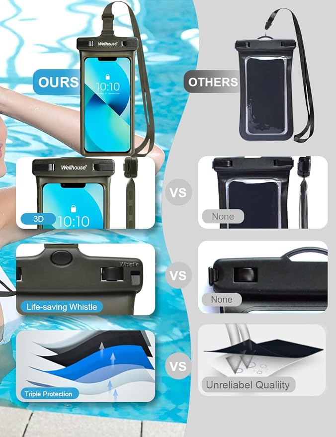 wellhouse Waterproof Phone Pouch, Waterproof Phone Case for iPhone 16 15 14 13 12 Pro Max XS Samsung, IPX8 3D Cellphone Dry Bag Beach Essentials (1 Pack - Olive7.0, 7 inch)