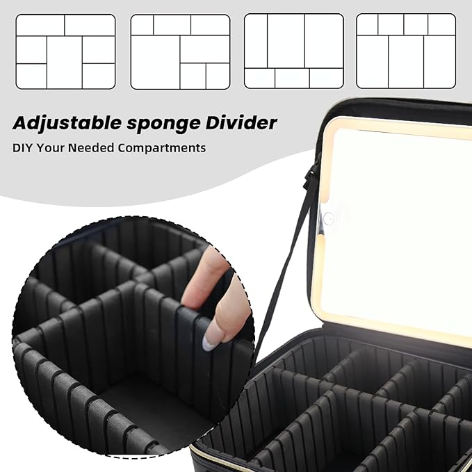 Travel Makeup Bag with LED Mirror and Light Travel Makeup Case Cosmetic Organizer Portable Cosmetic Brush Organizer Bag with Adjustable Dividers for Cosmetics Makeup Brushes Toiletry (Black)
