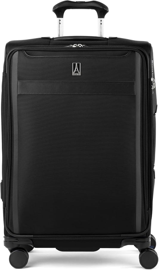 Travelpro VersaPack+ Lightweight Softside Expandable Checked Luggage, 8 Spinner Suitcase, TSA Lock, Men and Women, Checked Medium 25-Inch, Black