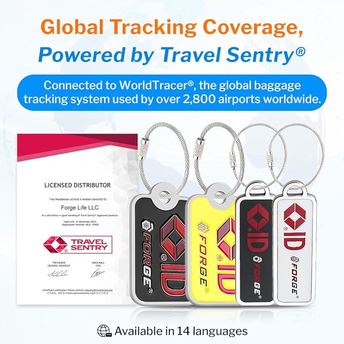 Forge Lost and Found Luggage Tags, Global Luggage Tracking Tag, WorldTracer Compatible, Travel Sentry Powered Baggage ID System for Luggage, Bags, Suitcases, and More (Yellow 2 PK)