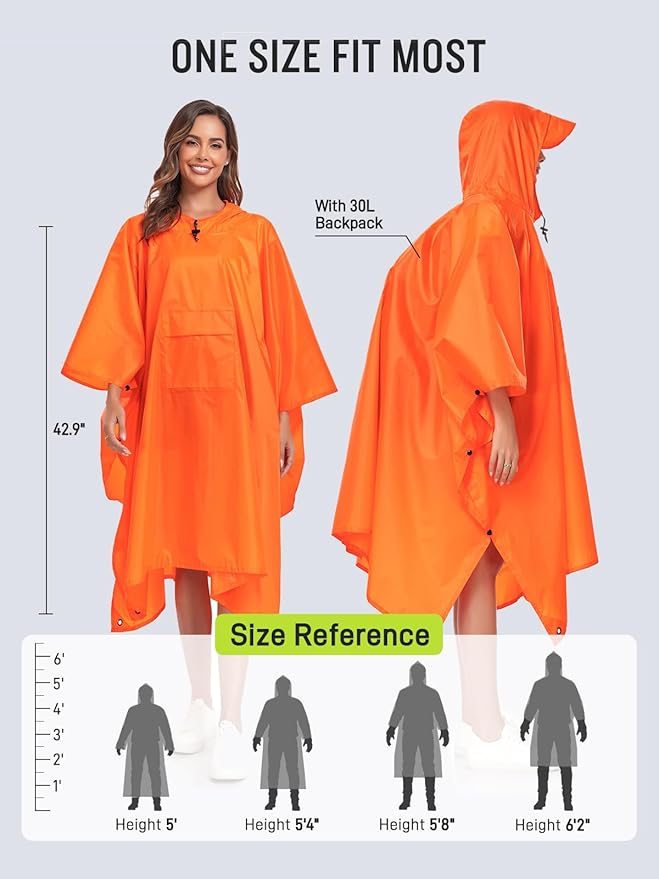 SaphiRose Extra Thick Hooded Rain Poncho Double Layer Waterproof Raincoat Jacket for Men Women Adults