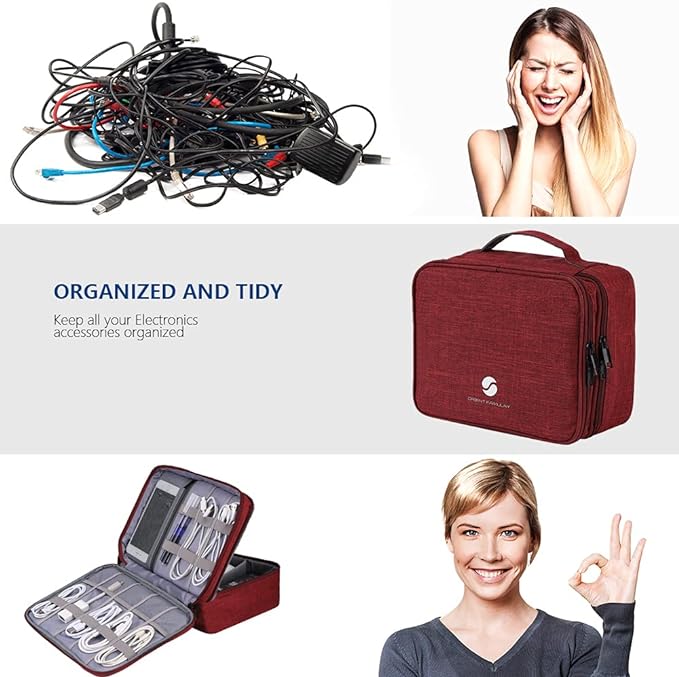 ORIENT FAMULAY Travel Electronics Organizer, Waterproof Cable Organizer Bag for Electronic Accessories Double Layer Large Shockproof Cable Storage Bag for Cord, Power Bank, Tablet(Up to iPad 11 inch) - Wine Red