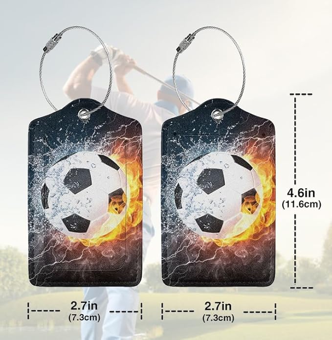 2 Pack Luggage Tags for suitcases Football Soccer Ball Luggage Tag, Leather Stainless Steel Loop Label Tag for Men Women Travel Bag Suitcase(Soccer)