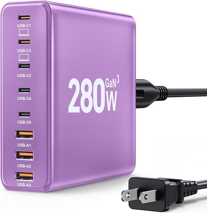 280W USB C Charger Block, 8-Port USB C Charging Station GaN III PD 65W Laptop Charger Adapter Compatible with MacBookPro/Air,DELL,iPad,Portable Charging Station for iPhone,Samsung Galaxy(Purple)