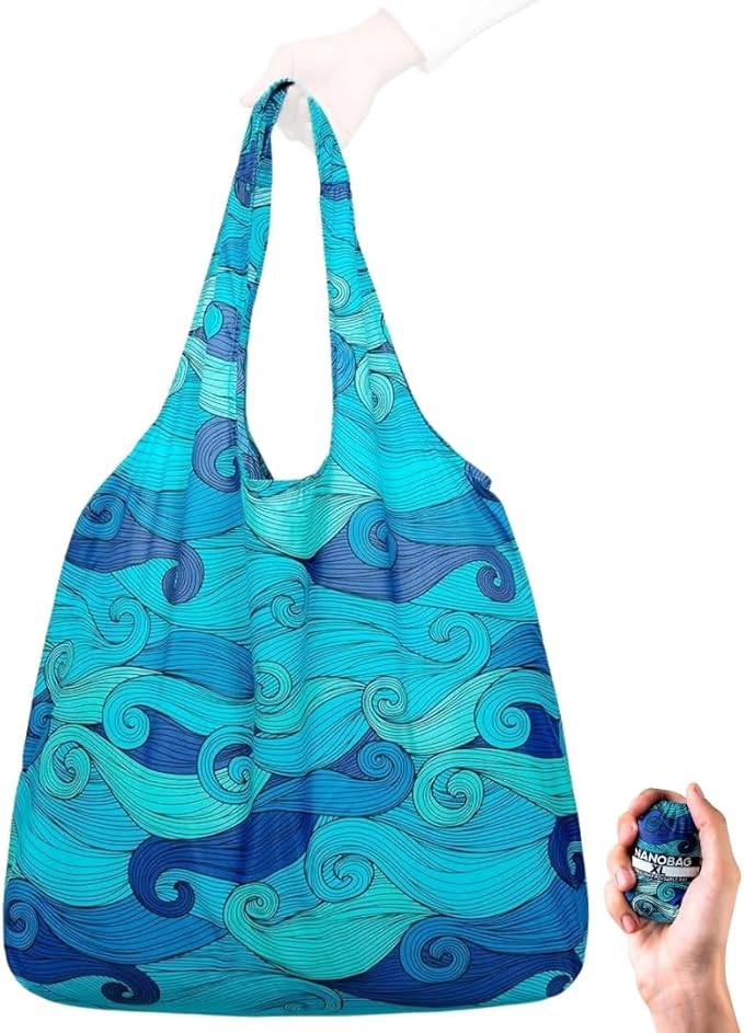 Nanobag Ultra-Lightweight Extra Large Size Tote Bag for Women & Men, Heavy Duty Reusable Grocery Bag, Foldable Travel Shopping Tote, Packable Cloth Bag with Handles, Washable Market Tote (Blue Waves)