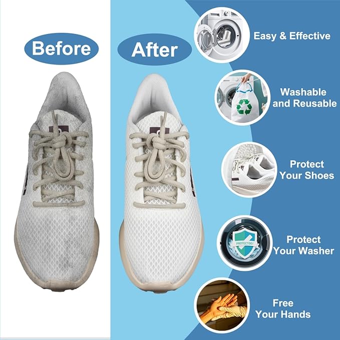 Shoe Washing Machine Bag – 360° Deep Clean Sneaker Laundry Bag with Cleaning Fibers and Zipper, Reusable Shoe Bag for Washing Machine, 2 Pack