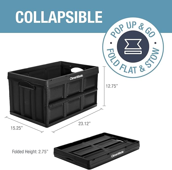 CleverMade Collapsible Storage Bins - Ocean 3 Pack 62L / 16 Gal holds 100 lbs - Stackable Containers Heavy Duty Capacity Crates-Space-Saving
