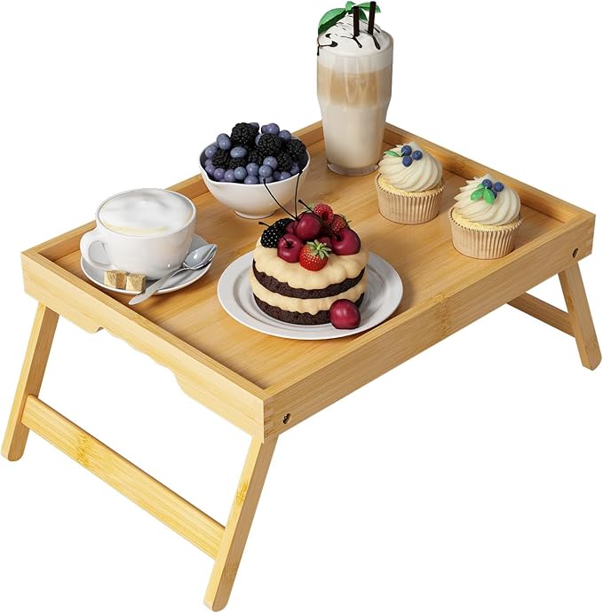 Bed Tray Table with Folding Legs,Bamboo Breakfast in Bed for Kitchen Serving Tray,Sofa,Eating,Used As Laptop Desk Snack Tray (Bamboo, Medium)