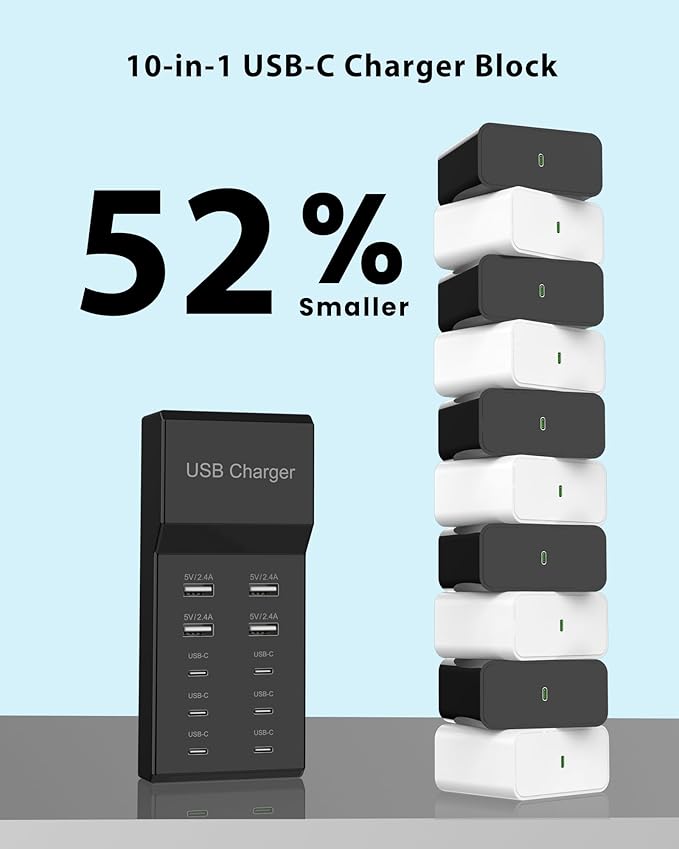 USB C Charger Block 10-Port USB-C Charging Station 6 USBC Ports & 4 USB-A Ports Total 50W USB Power Strip for Multi Devices for iPhone 16 17 15 14 13 12 Se, Galaxy, Pixel, Tablet, Camera, Headphones