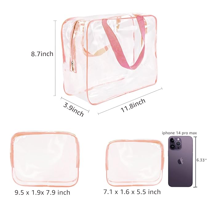 4Pcs Crystal Clear PVC Travel Toiletry Bag Kit for Women Men, Waterproof Vinyl Packing Organizer Storage Bags with Zipper Handle Straps, Cosmetic Pouch Carry on Airport Airline Compliant Bag Handbag