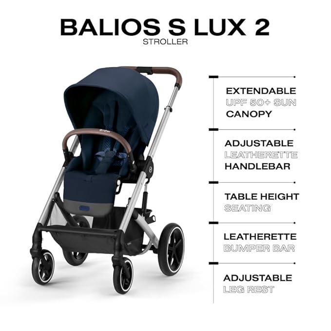 Cybex Balios S Lux Toddler and Baby Stroller with Reversible Seat, Unique One-Pull Harness, and Multiple Recline - Travel System Ready, with One Hand Fold, Silver Frame/Ocean Blue Seat
