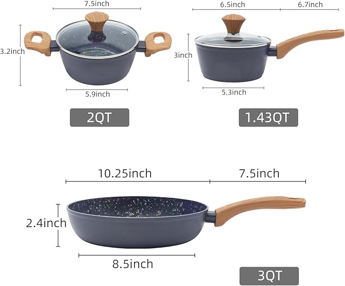 3-Piece Nonstick Pots and Pans Set with Lids, Includes 10.25 Inch Frying Pan 1.5Qt Saucepan and 2.2Qt Stock Pot, PFOA Free Dishwasher Safe Induction Compatible Family Cookware, Black