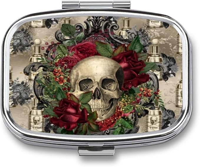 Metal 2 Compartment Pill Organizer Travel Friendly Portable Compact Pill Box Cute Pill Case to Hold Vitamins,Fish Oil,Supplements,Meds,Tablet for Purse,Pocket. (Skull)