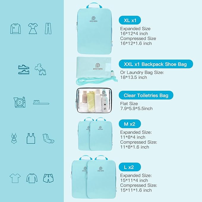 Lightweight Compression Packing Cubes for Suitcases, Compressible Expandable Travel Packing Organizer with Clear Toiletries and Backpack Bag, Travel Essentials for Carry on Luggage 7 Set