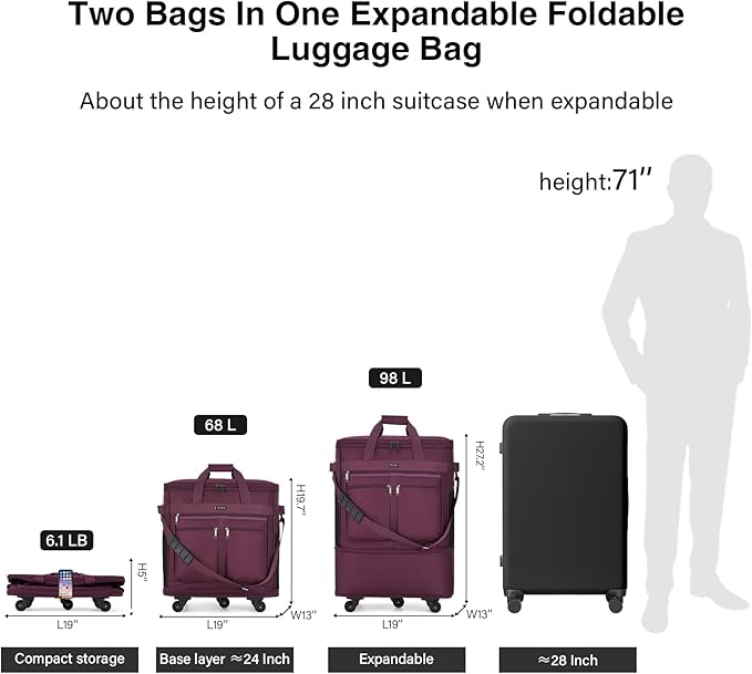 MILADA Expandable Luggage Bags for Travel Foldable Suitcase with Wheels Collapsible Rolling Travel Duffle Bag Lightweight Large Suitcases without Telescoping Handle, Purple