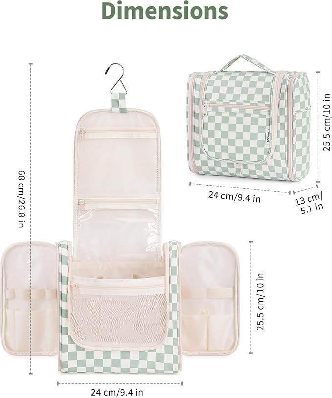 Narwey Checked Hanging Travel Toiletry Bag for Women, Travel Bag for Toiletries, Makeup Bag Organizer Cosmetic Bags Make Up Bags for Women (Mint Green Checkerboard)