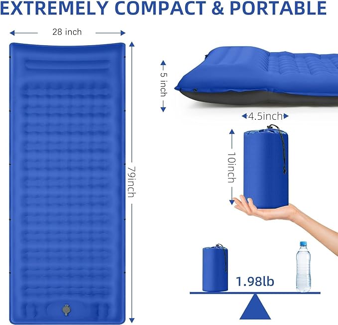 Camping Sleeping Pad 5 Inch, Inflatable Sleeping Pad with Pillow & Built-in Foot Pump - Extra Thick Air Mattress for Camping, Backpacking, Tent - Lightweight Compact Floor Bed (Blue Grey)